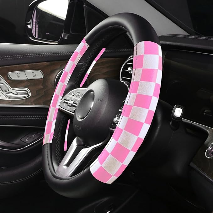 Dotesy Lattice Car Steering Wheel Cover Microfiber Leather Non-Slip Comfort Universal 15 inch Checkered Plaid Wheel Protector