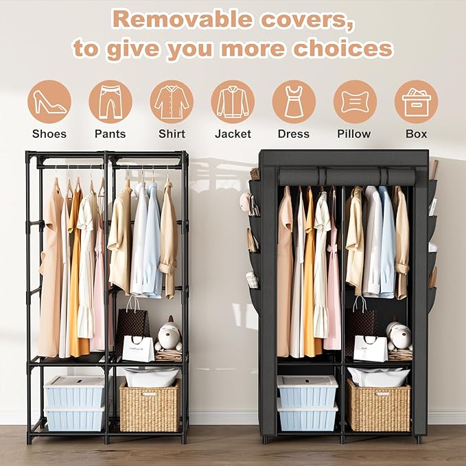 Portable Closet for Hanging Clothes, Portable Wardrobe Closet with Cover, 4 Storage Shelves, 2 Hanging Rods and 8 Side Pocket