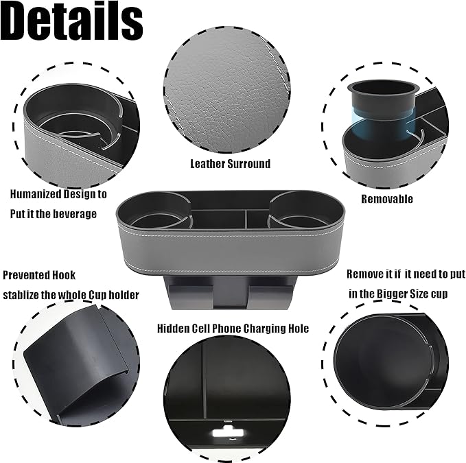 iokone Coin Side Pocket Console Side Pocket Leather Cover Car Cup Holder Auto Front Seat Organizer Cell Mobile Phone Holder (Slim-Gray)