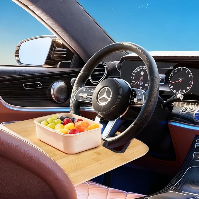 Bamboo Steering Wheel Tray,Double Sided Car Steering Wheel Tray with Silicone Protective Ring, Universal Laptop Desk for Eating,Reading,Writing,Natural Wood Snack & Writing Table