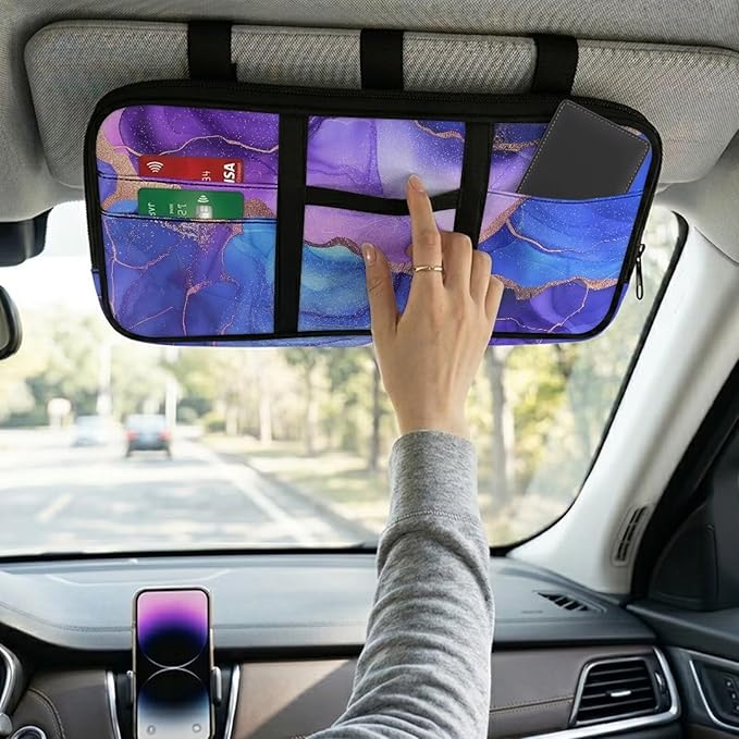 Marble Car Sun Visor Organizer, Multi-Pocket Truck Visor Organizer Car Sun Storage Pocket Pouch Case Bag with Velcro Straps for Sunglasses, Cards, Pens and Document Machine Washable
