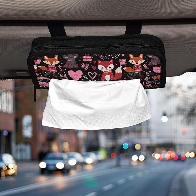 Car Tissue Holder Car Visor Organizer Tissue Box Holder for Car Sun Visor Organizer with Car Vehicle Accessories Essentials Interior for Women Men Valentines Fox Bunny Hearts Black