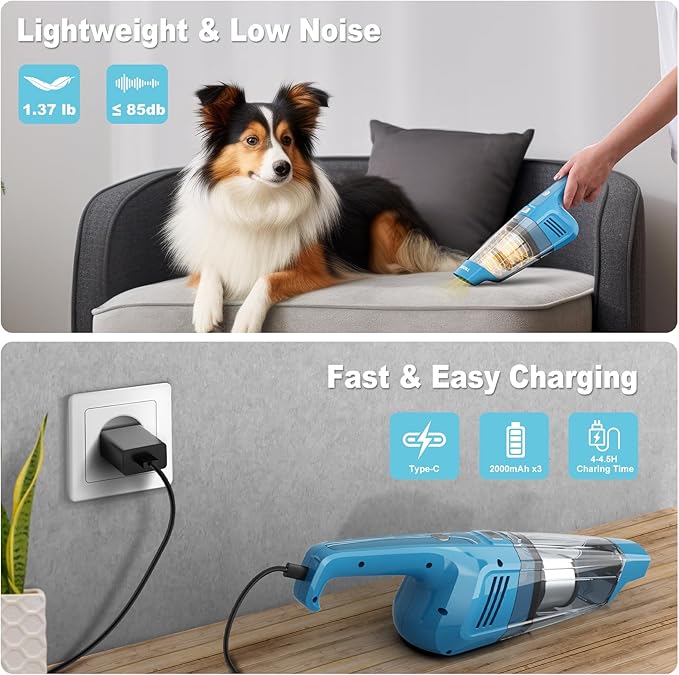 Handheld Vacuum Cordless, 14500PA Powerful Suction Hand Held Vacuum Cleaner with Brushless Motor, Rechargeable and Portable C