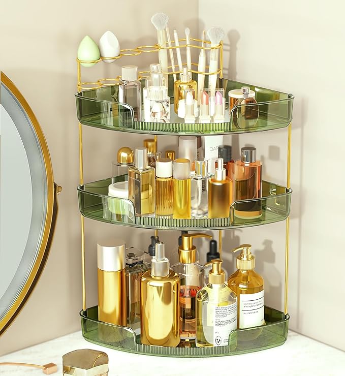 FELIZHOUSE 3-Tier Makeup Organizer for Vanity & Bathroom Countertop – Acrylic Storage Shelf with Perfume Tray & Makeup Brush 