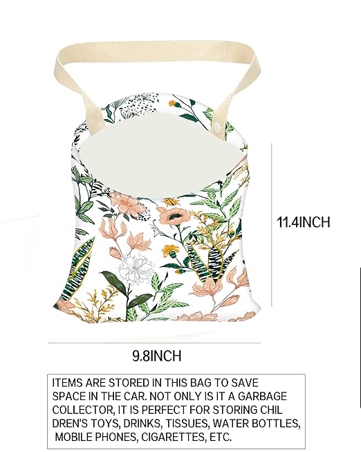 Car Garbage Can, Car Trash Bag, Car Garbage Bag, Hanging Car Trash Can for Car Accessories, Vehicle, Travelling, Camping, Cute Car Back Seat Organizer, White Beautiful Floral