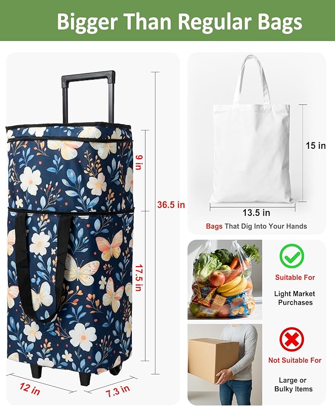 Foldable Rolling Bag, Portable Small Shopping Cart with Wheels, Collapsible Shopping Tote with Stylish Pattern for Market & Grocery Runs–Gift for Women & Seniors, Pro L, bluebfly