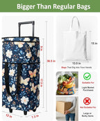 Foldable Rolling Bag, Portable Small Shopping Cart with Wheels, Collapsible Shopping Tote with Stylish Pattern for Market & Grocery Runs–Gift for Women & Seniors, Pro L, bluebfly