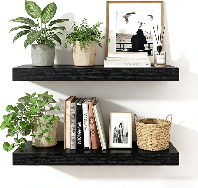 15.7 inch Black Floating Shelves Set of 2, Solid Wood Wall Mounted Shelves, Heavy Duty Display Storage Shelves for Bedroom, L