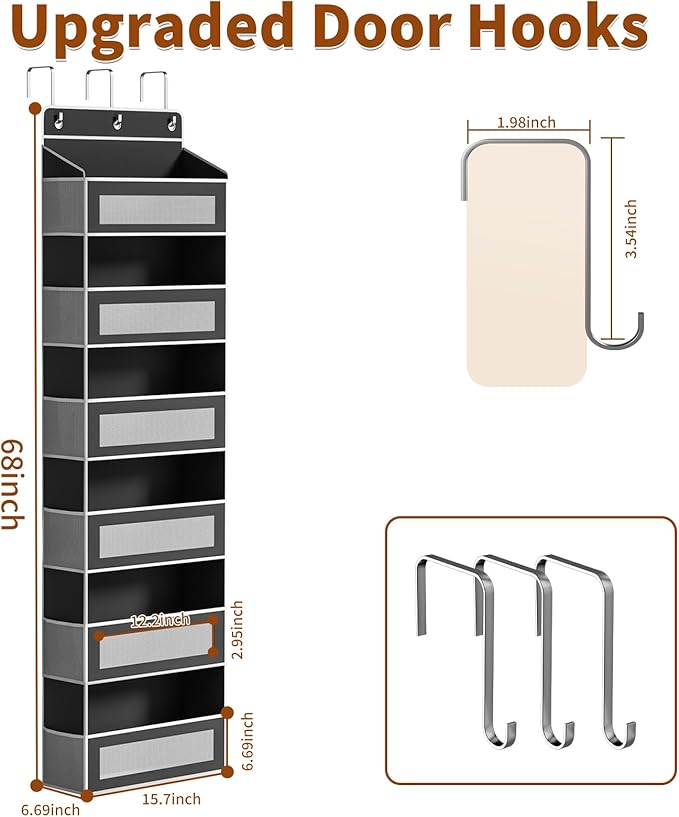 Over The Door Organizer with 6 Large Pockets, Over the Door Storage 12 Side Pockets, Hanging Door Organzier 44 lb Load Behind