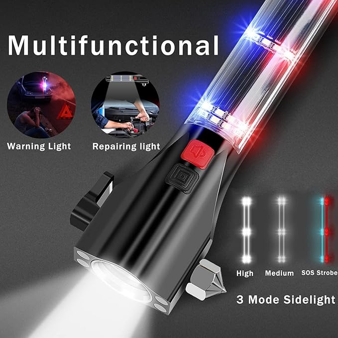 All-in-1 Car Safety Hammer, Multi-Function Emergency Escape Hammer with Window Breaker and Seatbelt Cutter, Mobile Power, LED