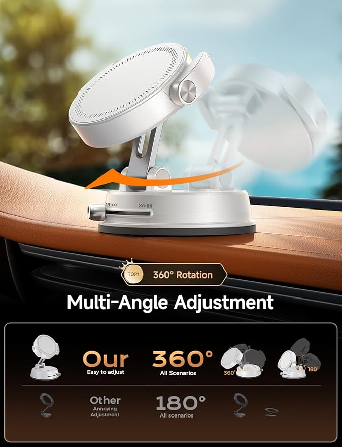 MAGIC JOHN Car Phone Holder for Magsafe [Ultra Magnetic & Clip arm] 360° Adjustable Car Phone Mount, Phone Holders for Your Car for iPhone 17 Pro Max 16 15 14 13 12 Air Plus Car Accessories, White ﻿