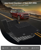 3W Floor Mats & Cargo Liner – Full Set (1st, 2nd & 3rd Row with Carpet) for Jeep Grand Cherokee L 2021-2025 2026 (Only for 6 Seat), Custom Fit TPE, All-Weather Waterproof,Black