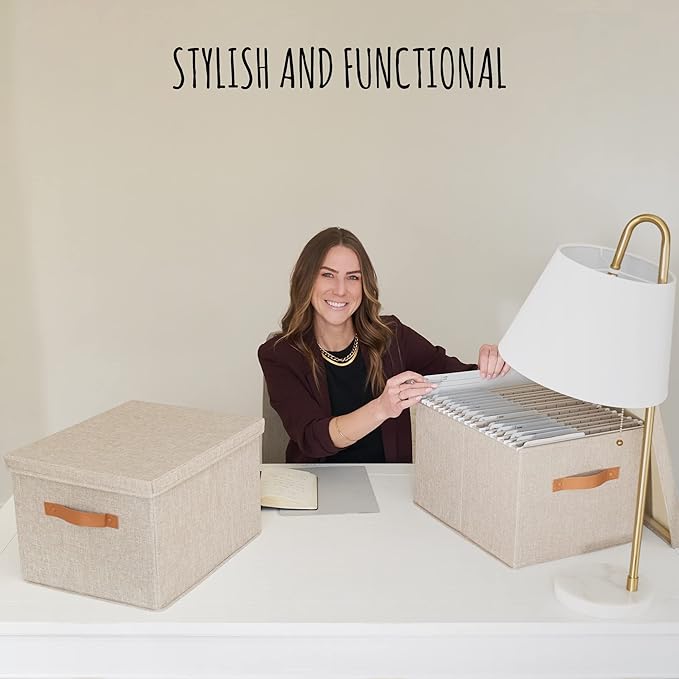 ZICOTO Decorative File Organizer Box Set of 2 - Collapsible Linen Filing Cabinets w/Handles Are Perfect to Store all Your Doc