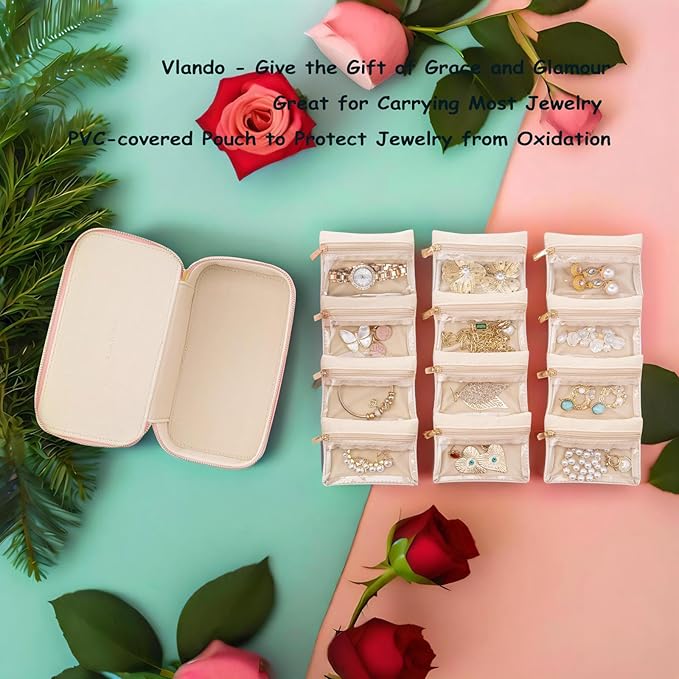 VLANDO Travel Jewelry Box Organizer – Portable PU Leather Jewelry Case with 6/8/12 Zippered Pouches, Compact Storage for Earr