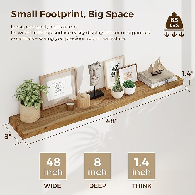 Rustic Wood Floating Shelves for Wall Decor, Reclaimed Elm Wood Live Edge Shelves 48 Inch Long, 8 Inch Deep Floating Shelf fo