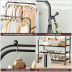 Furologee Clothes Racks for Hanging Clothes, Double Rods Clothing Rack with 3-Tier Storage Shelves, Rolling Garment Wardrobe 