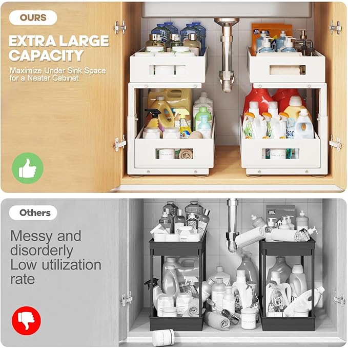 1 Pack 17IN Depth Under Sink Organizer, 2-Tier Pull Out Cabinet Organizer With Smooth Circular Rail, Large Capacity Metal Mes