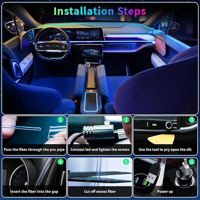 Interior Car LED Strip Lights, with APP Control, 5-in-1 RGB Ambient Lighting Kit, 236in Fiber Optic Glow, 16 Million Colors, Music Sync, Night Driving, Party Ambiance & Gift for Car Lovers