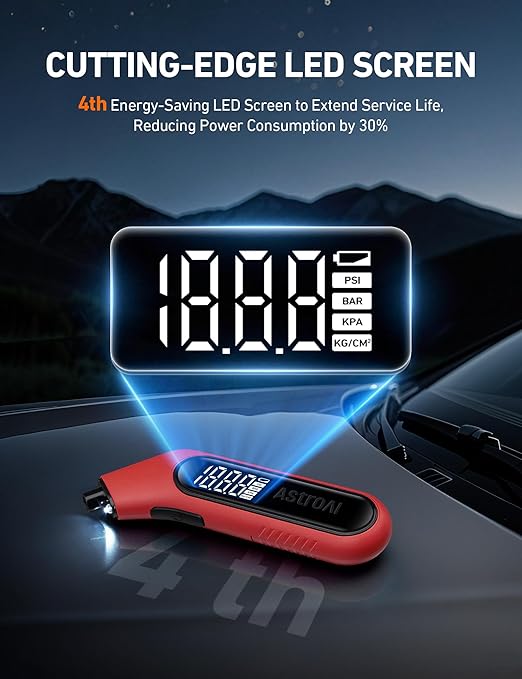AstroAI Digital Tire Pressure Gauge 3-300PSI Calibrated to ANSI B40.7 Grade 2A (0.5%), Backlight and Flashlight, Presta Valve Adaptor Included, 4 Units, AAA Batteries, Red