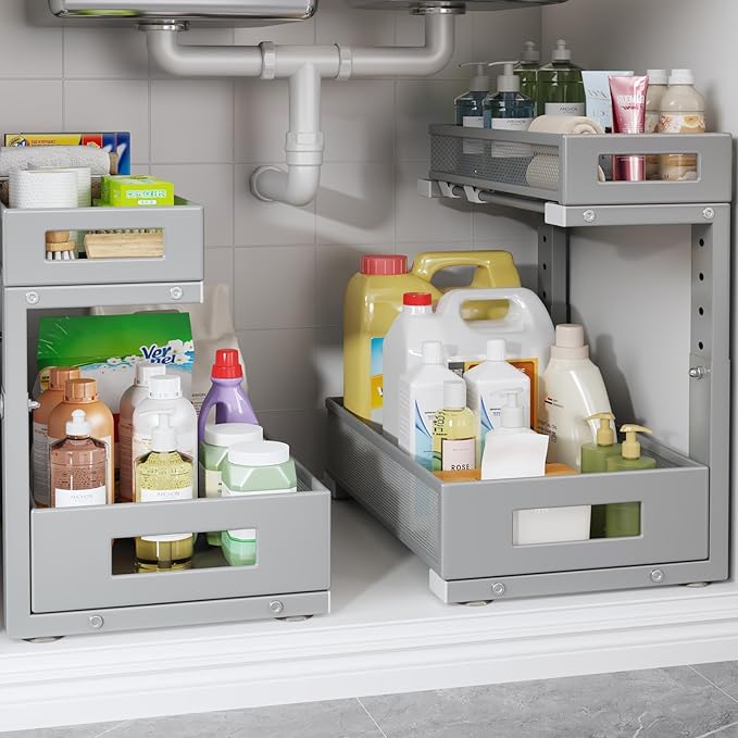 2-Pack Under Sink Storage Organizer, Large 2-Tier Elegant Mesh Pull Out Shelf for Kitchen and Bathroom Cabinet Organization, 