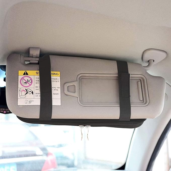 Da by Car Visor Organier Truck SUV Sun Visor Storage Pocket PU Leather Pouch Holder with Multi-Pocket Double Zipper Net Pocket, for Cards Pens Sunglasses Document (Black)