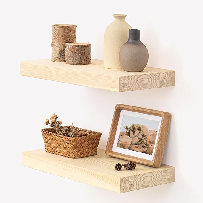 Marsmiles Natural Wood Floating Shelves | Unfinished Wood Wall Shelves Set of 2 | 16" W x 7.7" D x 1.6" H Natural Wooden Shel