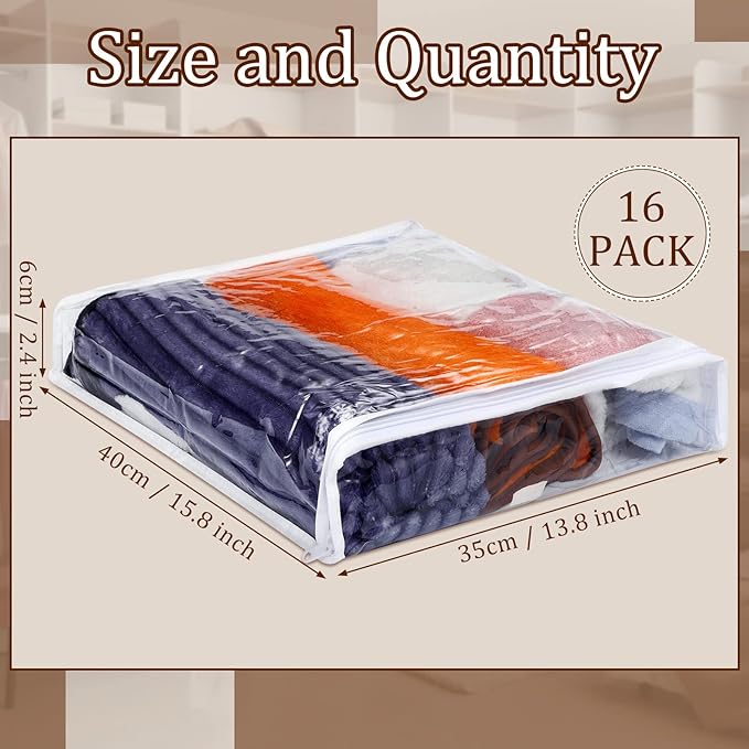 Kingdder 16 Pcs Clear Zippered Storage Bags Plastic Sweater Bags with Zipper 16 x 14 x 2.5 Inch Vinyl Sheet Organizer and Sto