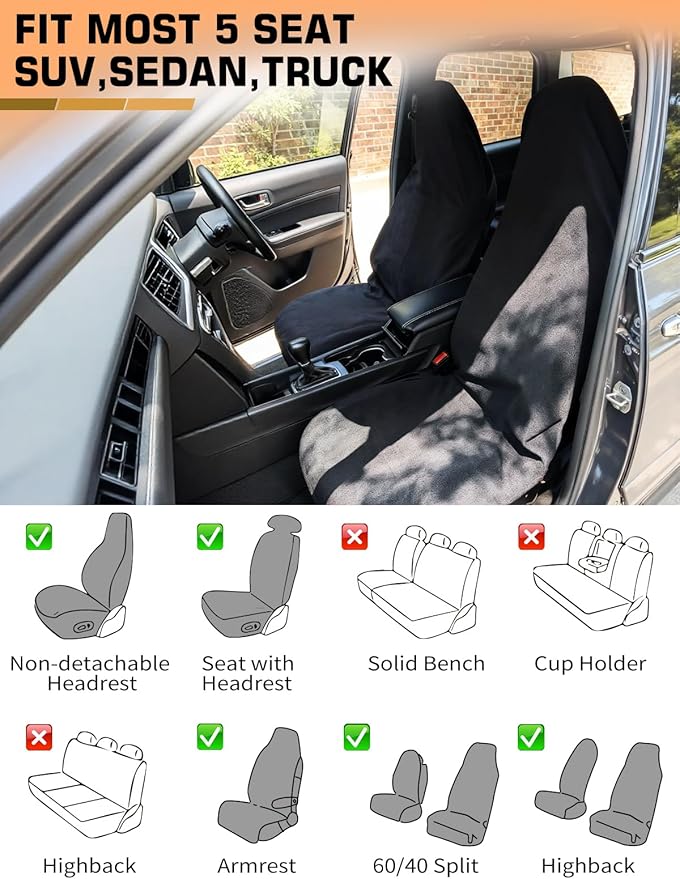 Universal Car Seat Cover Towel, Waterproof Washable Sweat Protection for Front Bucket Seats, Non-Slip Fit, Fits Cars SUVs Tru