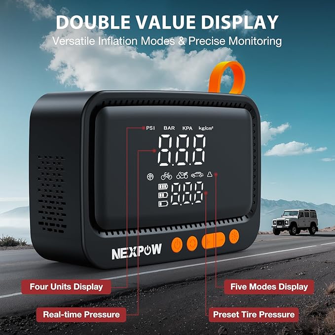 NEXPOW Tire Inflator Portable Air Compressor, 150 PSI Air Pump for Car Tires with Digital Pressure Gauge & Auto Shut-Off, Air Compressor Portable for Car, Motorcycle, Bicycle, Balls, Orange