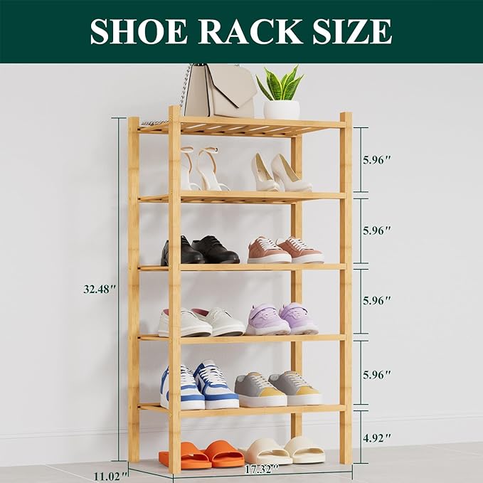 Smiry Shoe Rack, 5 Tier Thick Small Bamboo Shoe Organizer, Stackable Free Standing Wooden Shoe Storage Shelf for Closet, Entr
