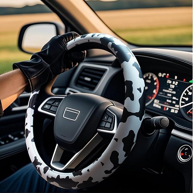 Universal Steering Wheel Cover Women 14.5-15 inch car Accessories Cow Print Western Leather Anime Black and White Cute Wheel 