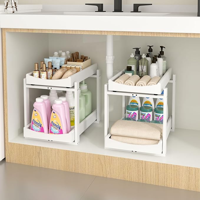 Bamboo Under Sink Organizer and Storage, 2 Pack Pull Out Cabinet Organization, 2 Tier Vertical Slide Out Undersink Storage Sh