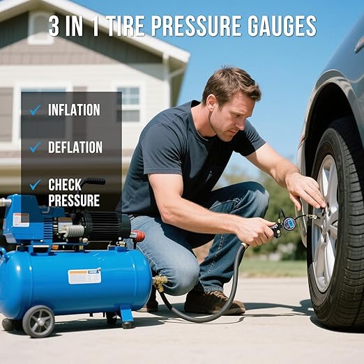 Digital Tire Pressure Gauge with Inflator, 3-250 PSI Air Compressor Accessories with Air Chuck Quick Connect Coupler, Car Attachments with Rubber Hose for Car, Truck, SUV, Cycle, RV
