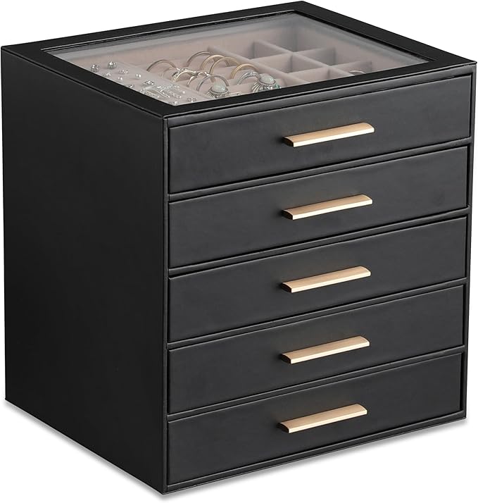 Frebeauty Clear Lid Jewelry Box,5-Layer Jewelry Organizer with Drawer,PU Leather Jewelry Organizers and Storage,Jewelry Boxes