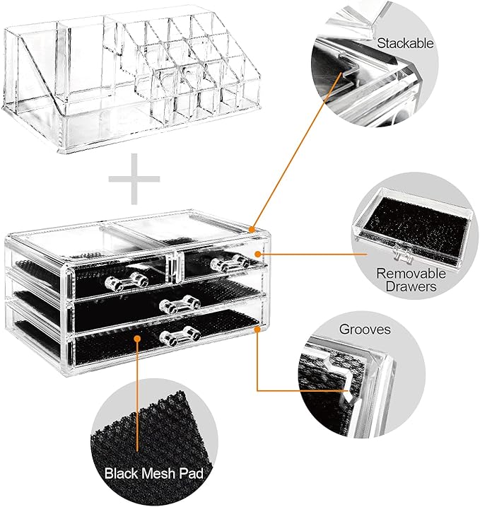 Ikee Design Acrylic Makeup Organizer with 4 Drawers and Removable Top Lipstick Holders, Ideal for Make-up or Accessories,Enha
