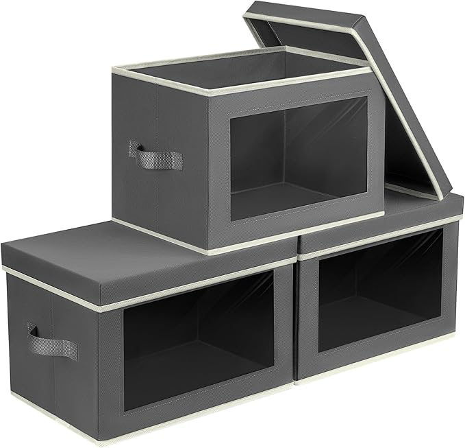 Homsorout Storage Boxes with Lids - 3 Pack Fabric Clear Window Storage Bins, Collapsible Storage Bins with Lids, Linen Closet