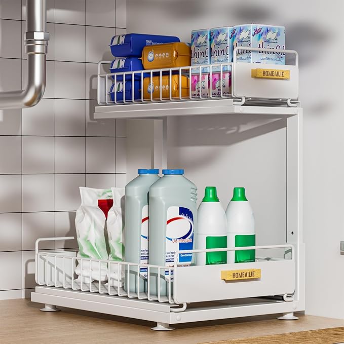 Under Sink Organizer, High Adjustable 2 Tier Under Kitchen Sink Organizer, Multi-Purpose Storage Shelf for Kitchen Bathroom C