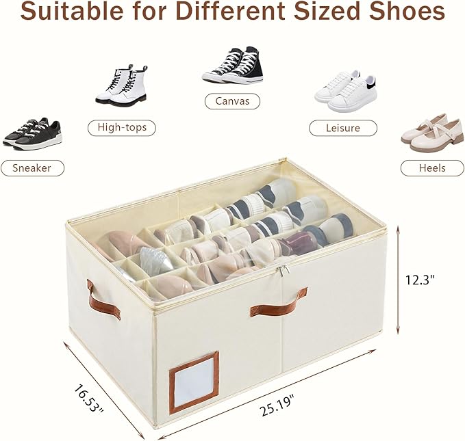 INSTY Shoe Organizer for Closet Fit 24 Pairs, Large Foldable Shoe Storage Containers Box Bin w/Adjustable Dividers and Clear 