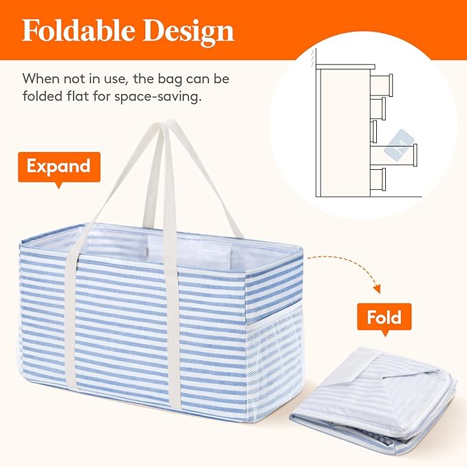 Lifewit Extra Large Tote Bag, Reusable Grocery Bags with Metal Wire Frame and Handles, Standing Utility Foldable Shopping Bags for Storage, Picnics, Beach, Laundry, Car, 46L, 2 Pack, Gray and Blue