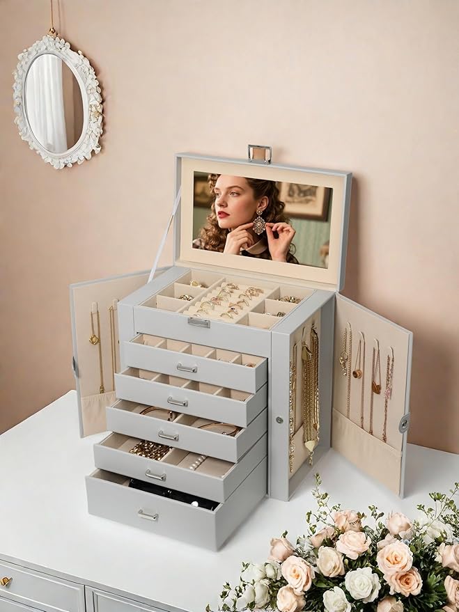 BOOVO Jewelry Box For women, 6 Layer Large Jewelry Organizer With Mirror, Multi-Function Storage Box With Lock, Necklace Hold