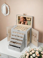 BOOVO Jewelry Box For women, 6 Layer Large Jewelry Organizer With Mirror, Multi-Function Storage Box With Lock, Necklace Hold