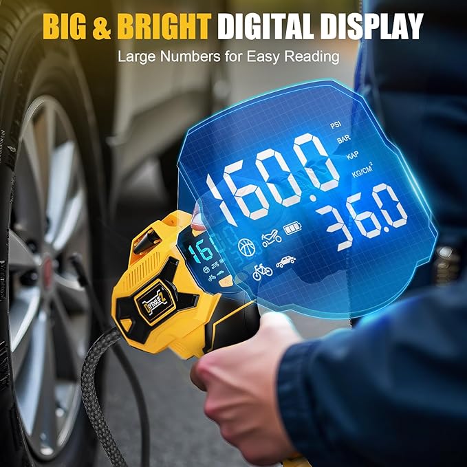 Cordless Tire Inflator Air Compressor Compatible with Dewalt 20V Battery, 160PSI Portable Air Pump with Digital Pressure Gauge, Fast Inflation for Cars, Motorcycles, Bikes(Bare Tool)