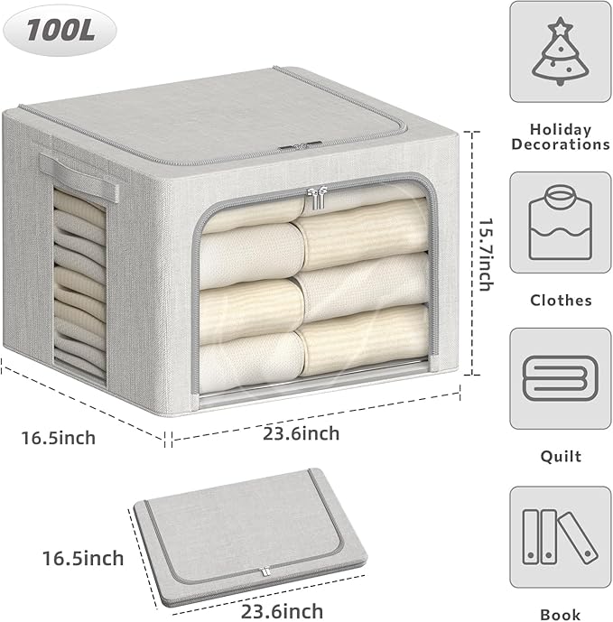4 Pack Clothes Storage Bins with Metal Frame - 100L Stackable Storage Box with Lid，Foldable Storage Container Organizer for C