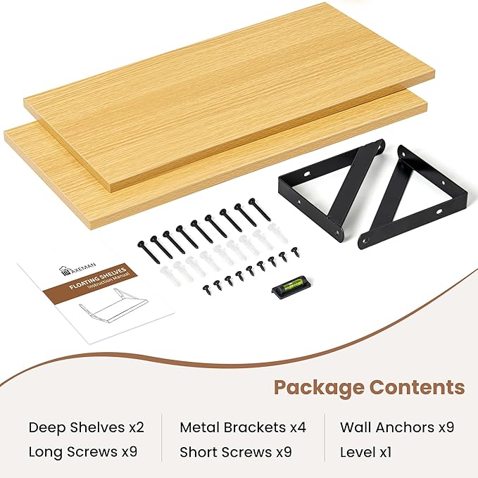 Axeman Floating Shelves | 8 Inch Deep Oak Wall Shelves Set of 2 | 16W x 8D Rustic Wood Shelves for Bookshelf Living Room Bedr