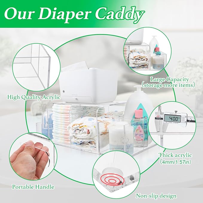 NANYEZH Acrylic Diaper Caddy, Baby Wipes Organizer for Changing Table, Dresser Top Tabletop Organizer with 4 Detachable Compa