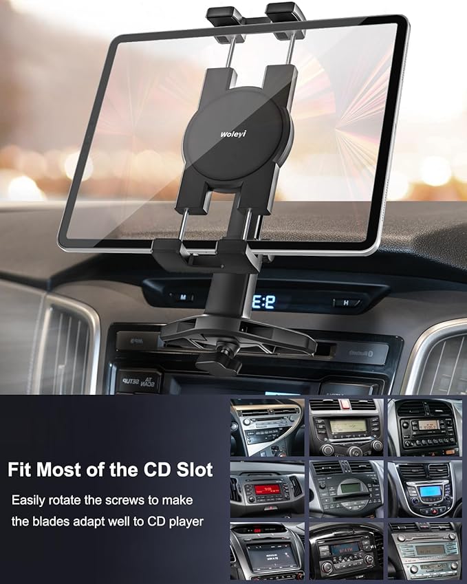 woleyi CD Slot Tablet Holder for Car - [Height Adjustable] Car Tablet Mount CD Player, Ultra Sturdy CD Tray Tablets Stand for iPad Pro, Air, Mini, iPhone, Galaxy Tabs, Z Fold, Fire HD, 4.7-13" Devices