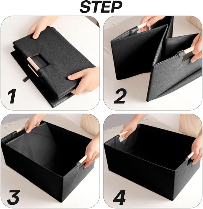 Fabric Storage Bin Box Foldable Cotton Linen Storage Basket with Wooden Handles Rectangular Cube Decorative Home Laundry Orga
