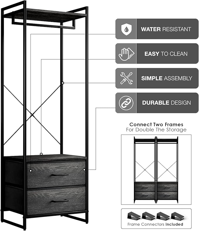 Sorbus Clothing Rack with Drawers - Clothes Stand Dresser - Wood Top, Steel Frame, & Fabric Drawers - Tall Closet Storage Org