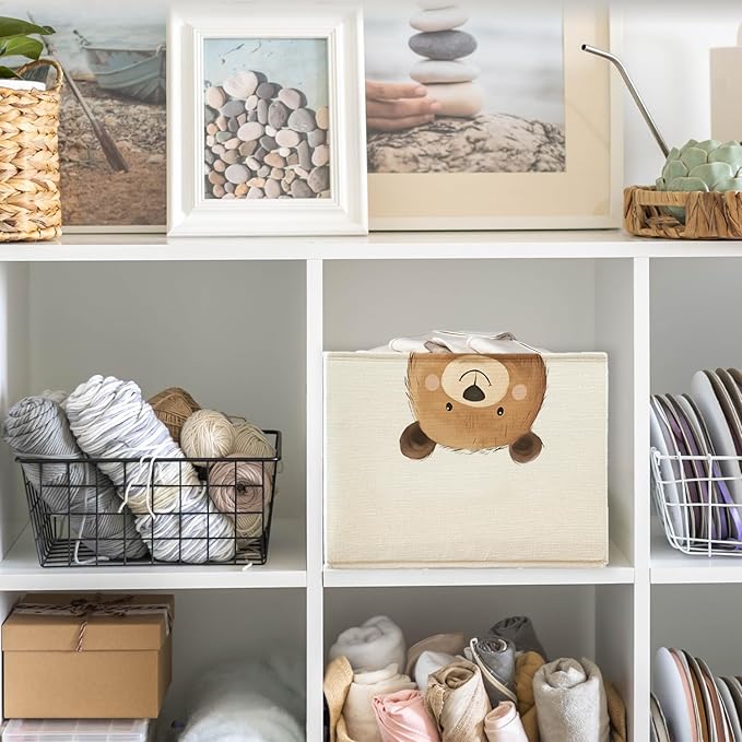 Rectangular Bear Basket Cute Animal Woodland Storage Basket Organizer Bins With Handles,Toy Baskets Storage Kids,Bear Laundry