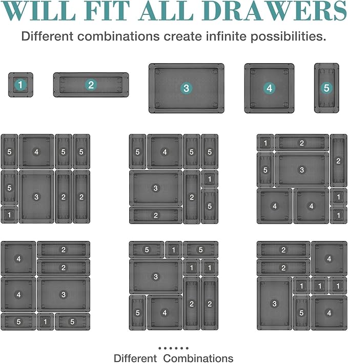 StorMiracle 16 PCS Drawer Organizer Set, 5 Varied Size Bathroom and kitchen Drawer cabinet organizer Trays, Clear Storage Bin